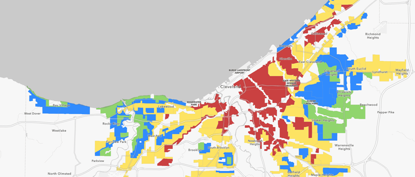 Neighborhoods in Cleveland symbolized by their historic HOLC grade.