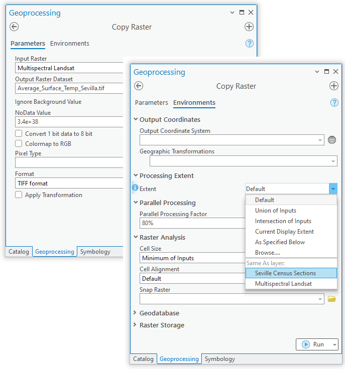 Copy Raster tool pane with TIF format specified.