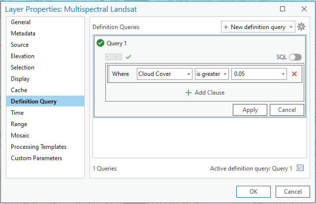 Definition Query tab showing Cloud Cover less than 5%.