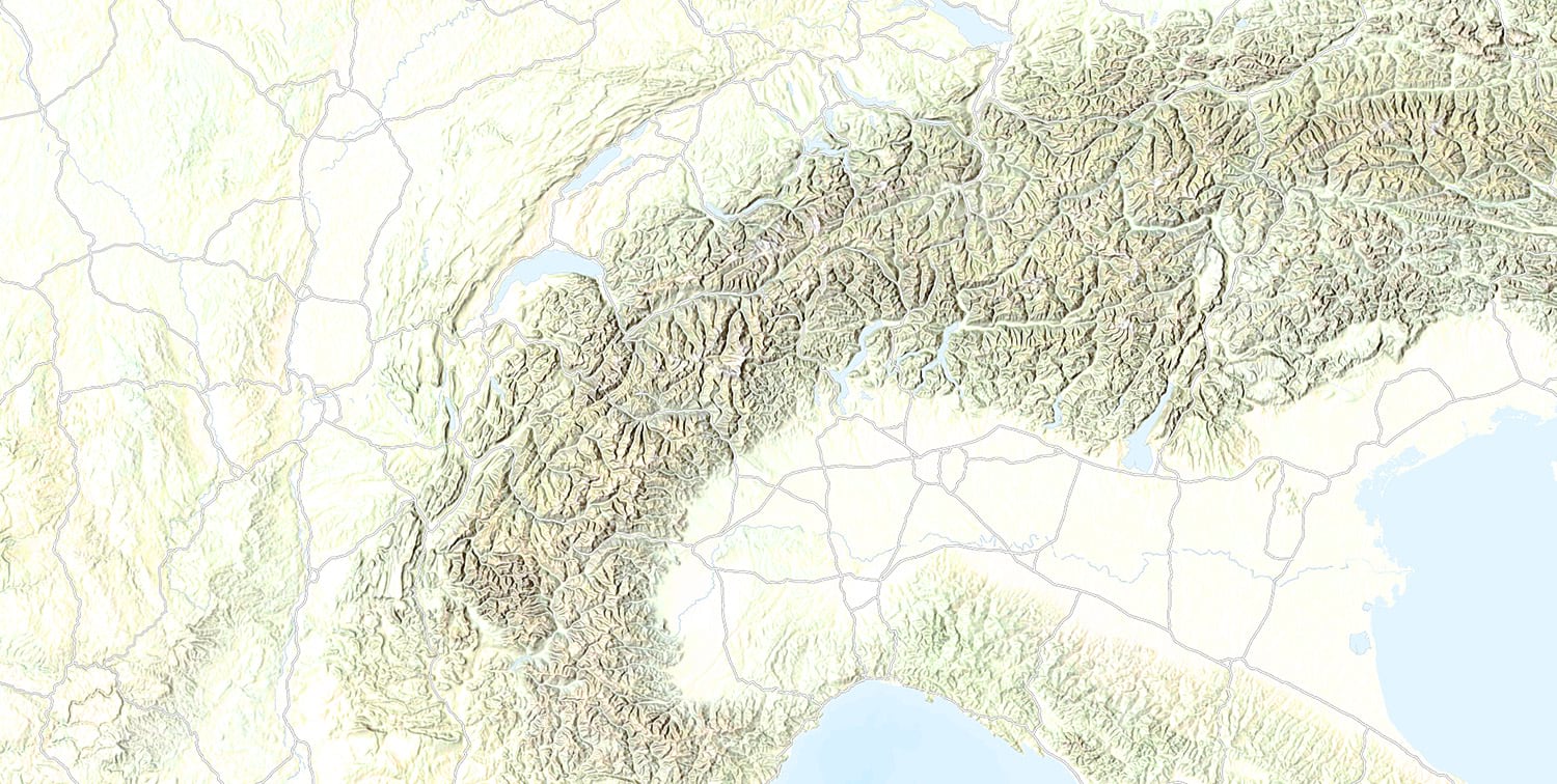 Northern Italy, using Hillshade filtering Imagery