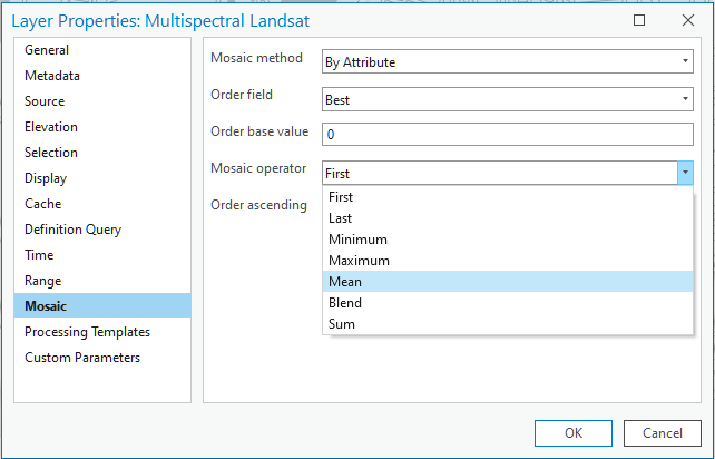 Mosaic tab on the Properties pane selecting Mosaic Operator of Mean.