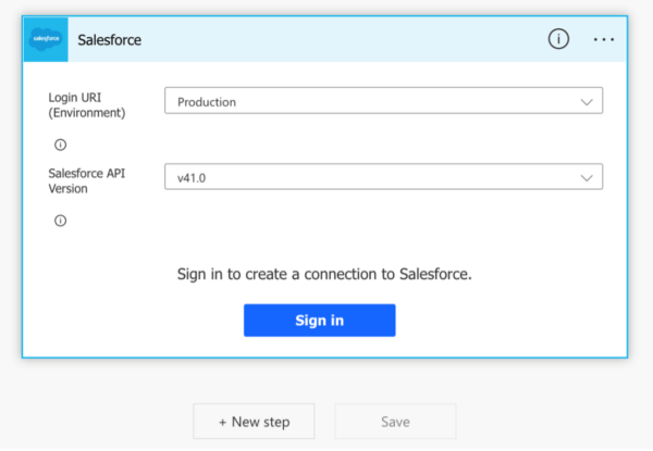 A screenshot showing the Salesforce connector set to log in to the Production environment using v41.0 of the Salesforce API