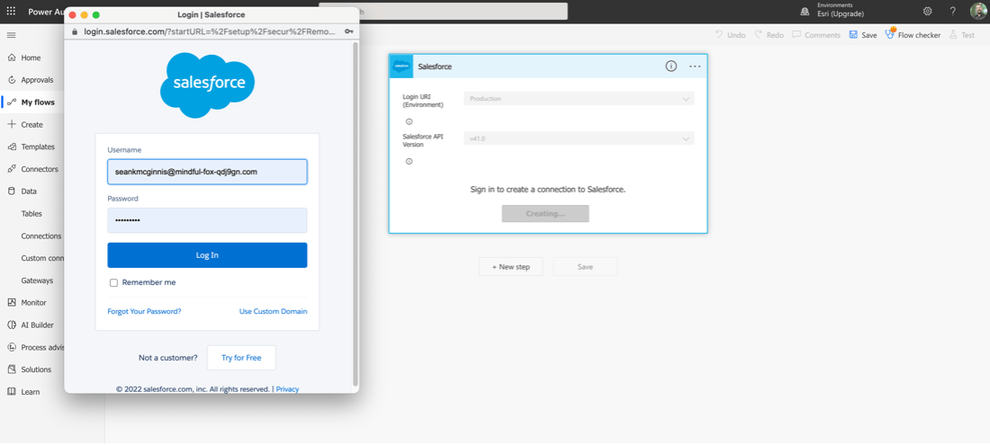 A screenshot of Power Automate showing the log in window for Salesforce