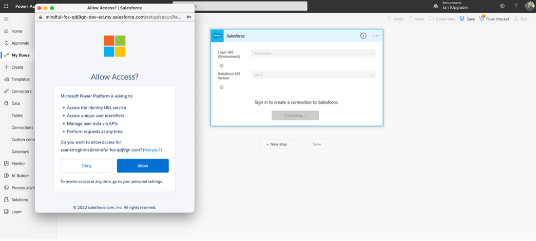 A screenshot showing Salesforce asking the user to allow or deny Power Automate to Access Salesforce A screenshot showing Salesforce asking the user to allow or deny Power Automate to Access Salesforce