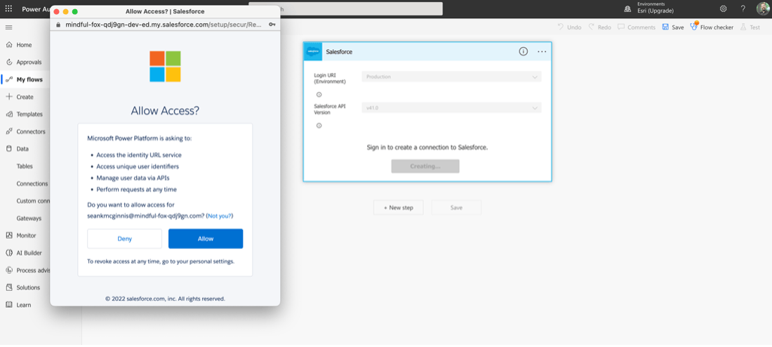 A screenshot showing Salesforce asking the user to allow or deny Power Automate to Access Salesforce