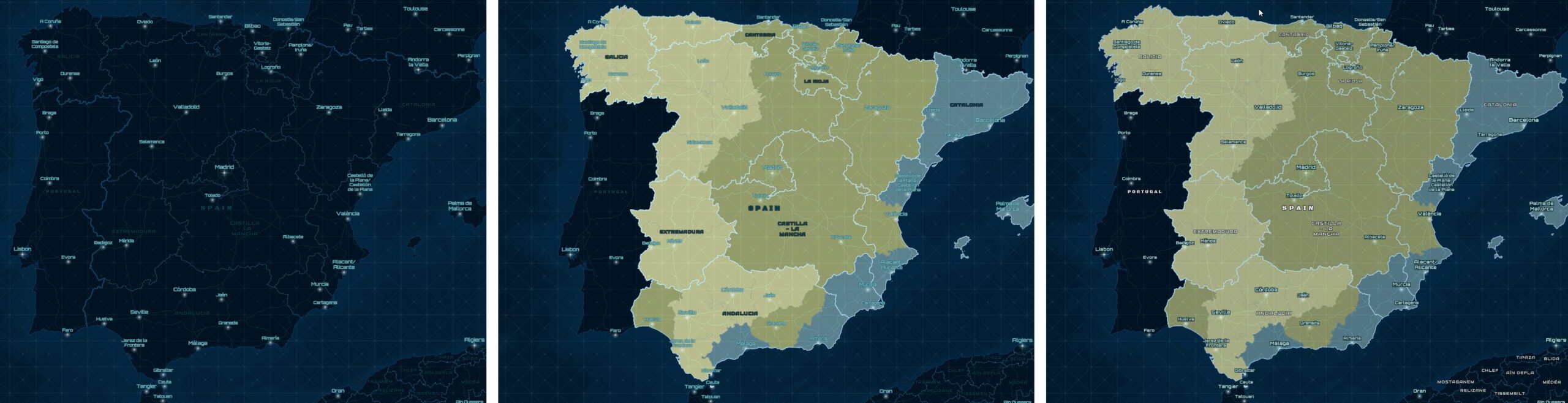 3 maps of Spain, showing the NOva basemapp and adjustments to work with a subject map