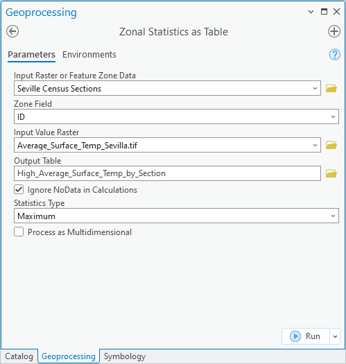 Zonal Statistics as Table pane with zones, input, and statistics type specified.