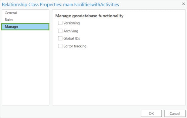 Manage tab in the relationship class properties