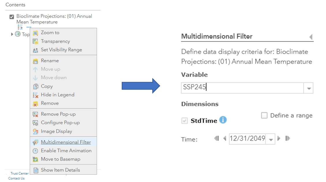 Process for subsetting multidimensional climate data in ArcGIS Online. Begin by going to multidimensional filter and then select emissions scenario and date.