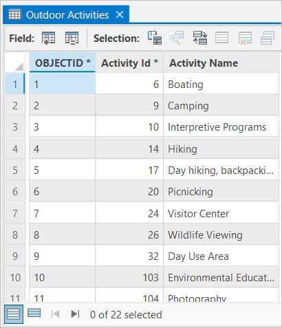 Outdoor activities table