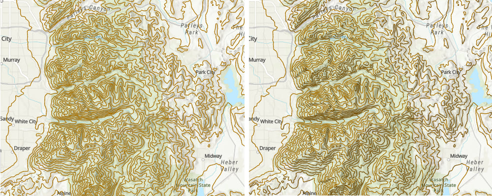 Image showing the difference between unshaded contours (left) and shaded contours (right).