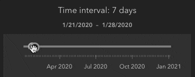 The TimeSlider doesn't display the duration (or time interval) of the time extent selected by the user. You can use Arcade to quickly calculate the difference between two dates and display it interactively to the user. The TimeSlider doesn't display the duration (or time interval) of the time extent selected by the user. You can use Arcade to quickly calculate the difference between two dates and display it interactively to the user.
