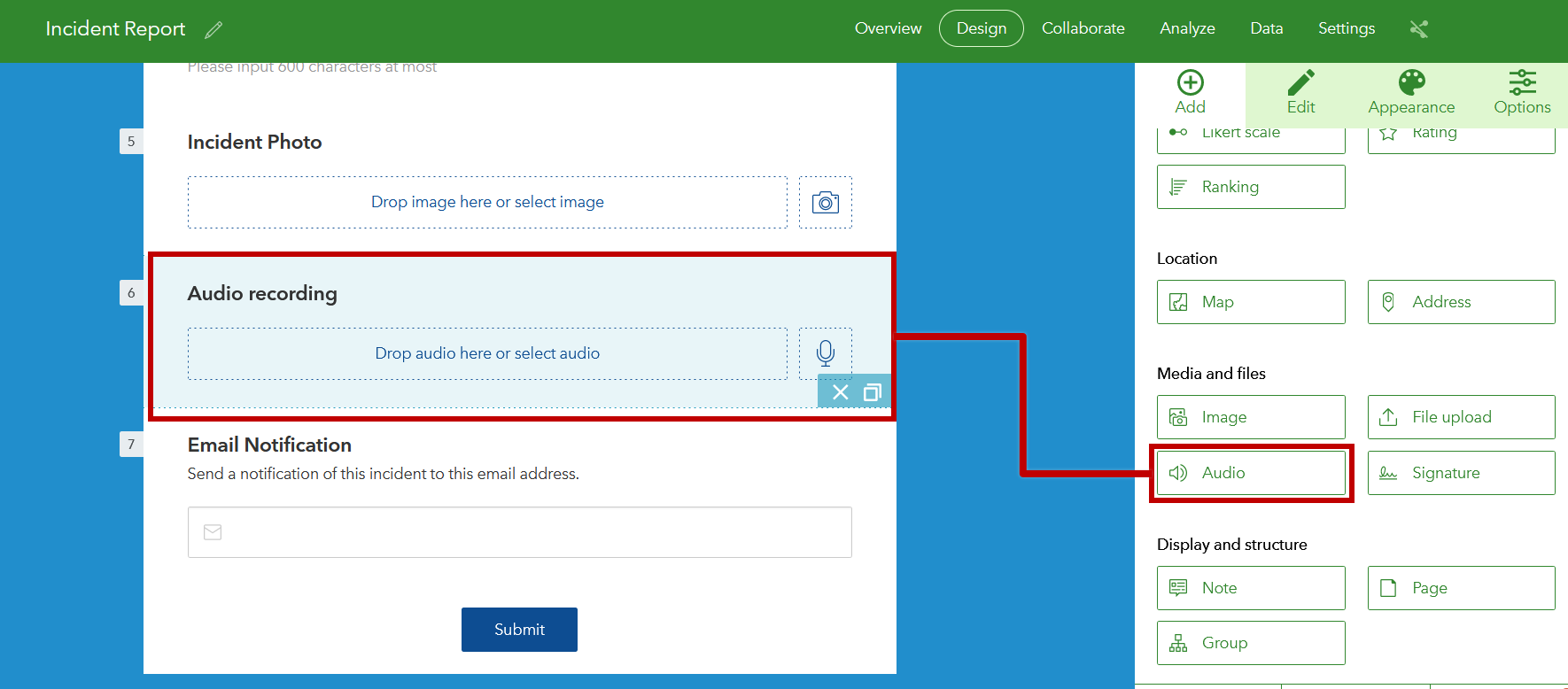 Image illustrates the new audio question type in the Survey123 web designer