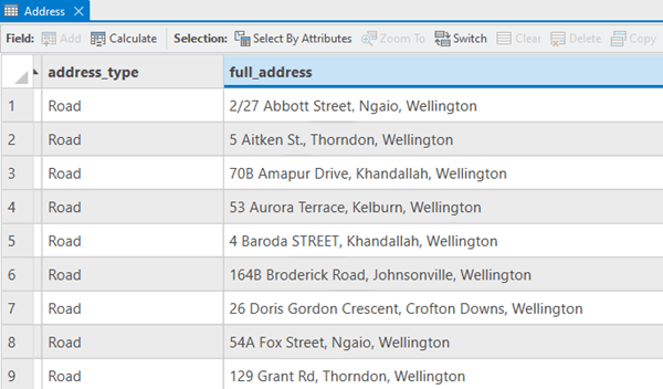 ArcGIS Pro attribute table of street addresses with inconsistent street-suffix formatting.