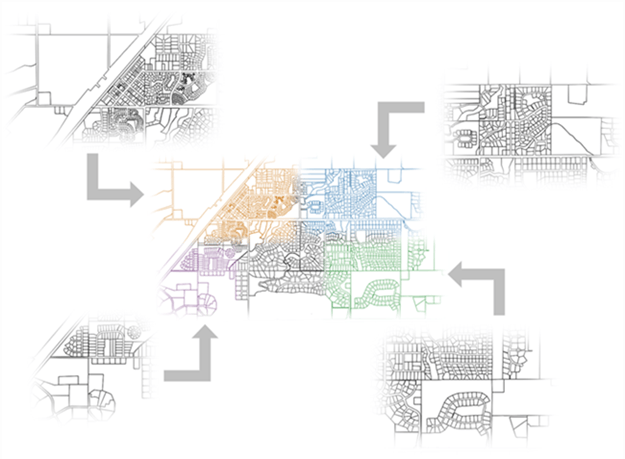 Four grayscale parcel layers with gray arrows pointing to a full-color aggregated parcel layer. Four grayscale parcel layers with gray arrows pointing to a full-color aggregated parcel layer.