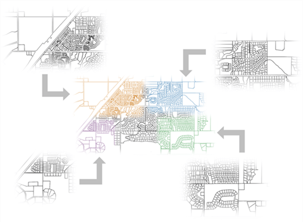 Four grayscale parcel layers with gray arrows pointing to a full-color aggregated parcel layer.