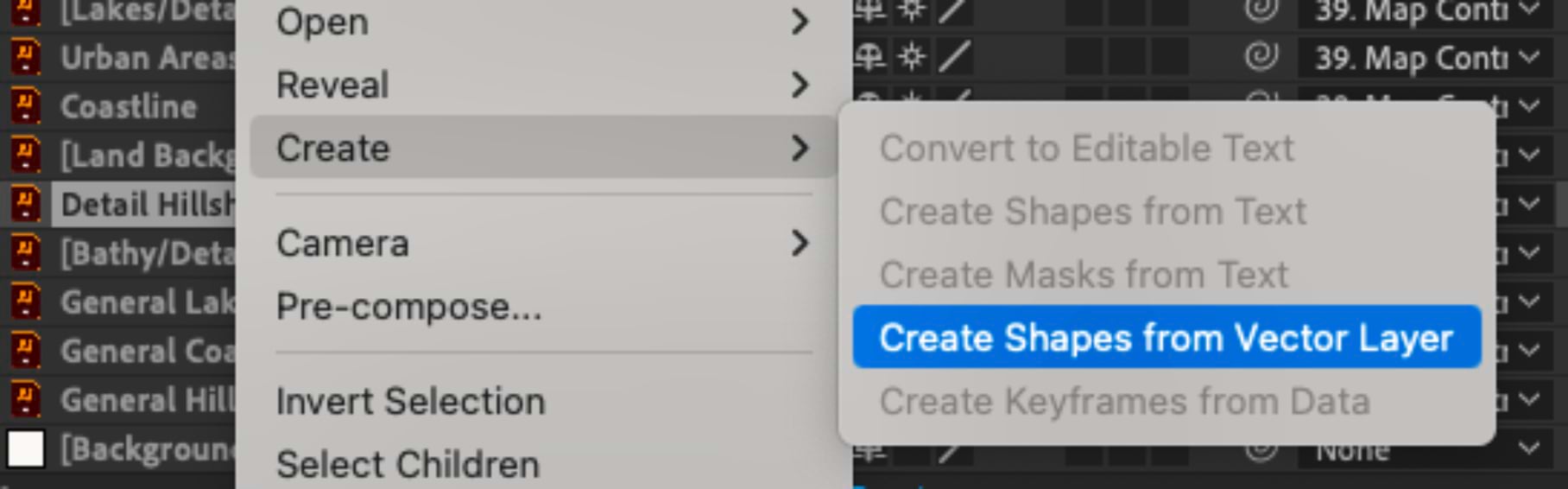 Screenshot indicating how to create shape layers in Adobe After Effects from imported Illustrator layers.