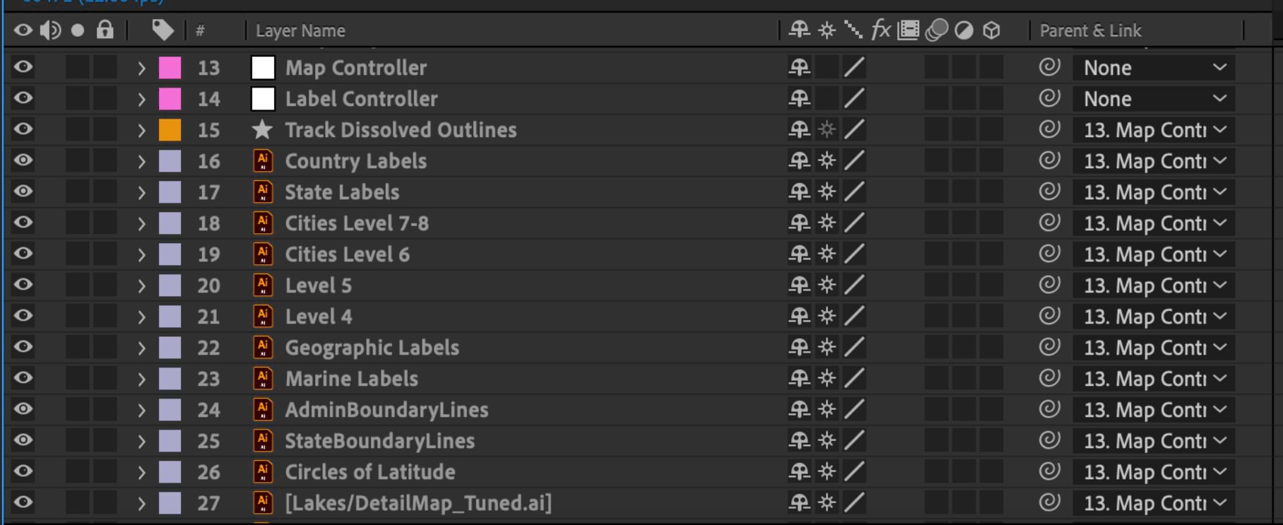 Screenshot of layer list in Adobe After Effects showing the layers imported from Adobe Illustrator.