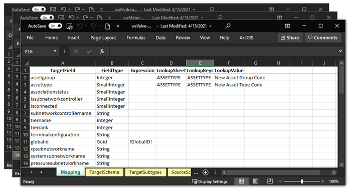 Three stacked Excel workbooks with utility data. Three stacked Excel workbooks with utility data.