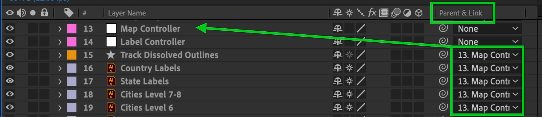 Screenshot showing how map layers can be related to a null object to control their properties.