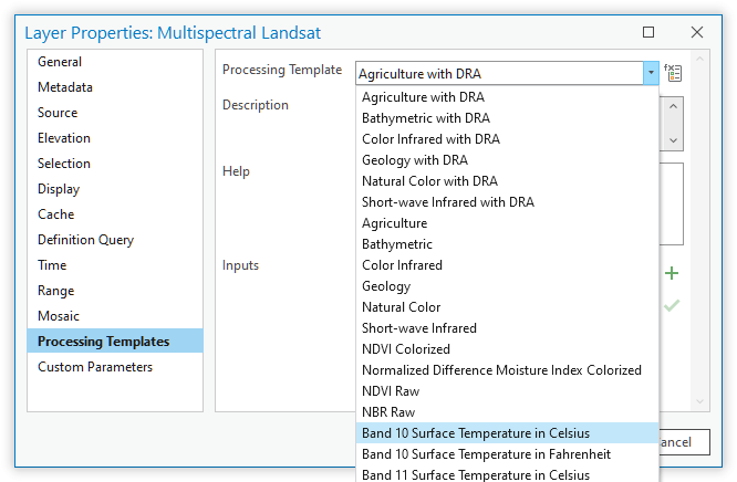 Processing Templates tab showing Band 10 Surface Temperature template selection.