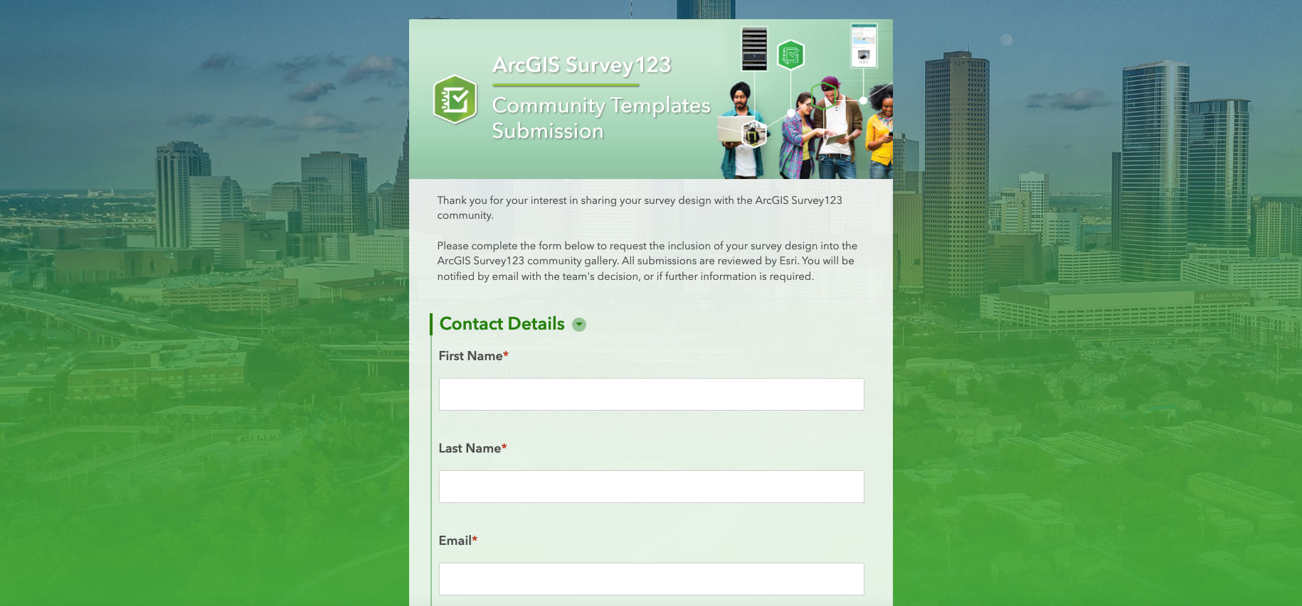 ArcGIS Survey123 web form with a city in the background and people at the top of the from holding devices.
