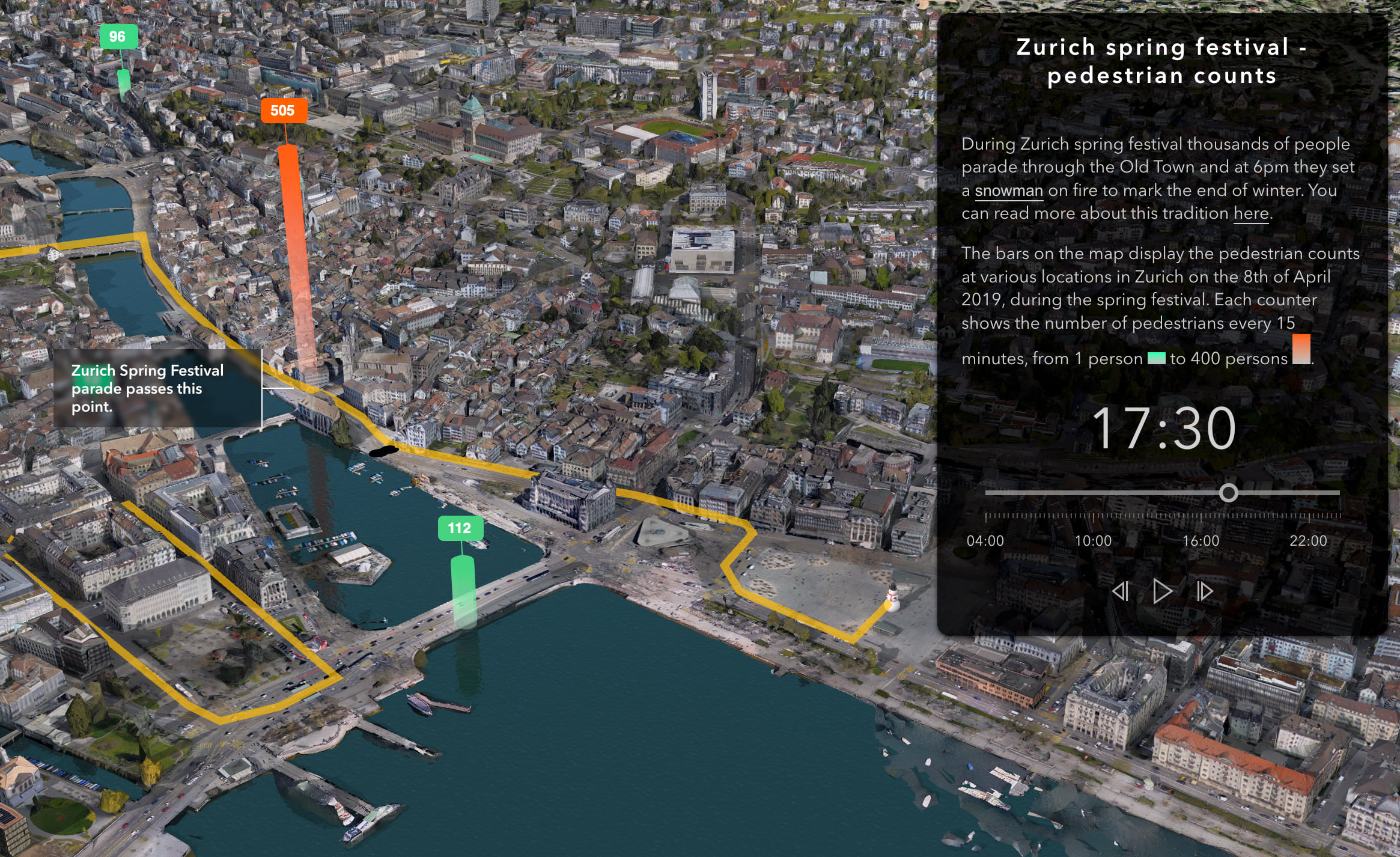 Zurich city center and 3D bars visualizing the pedestrian counts