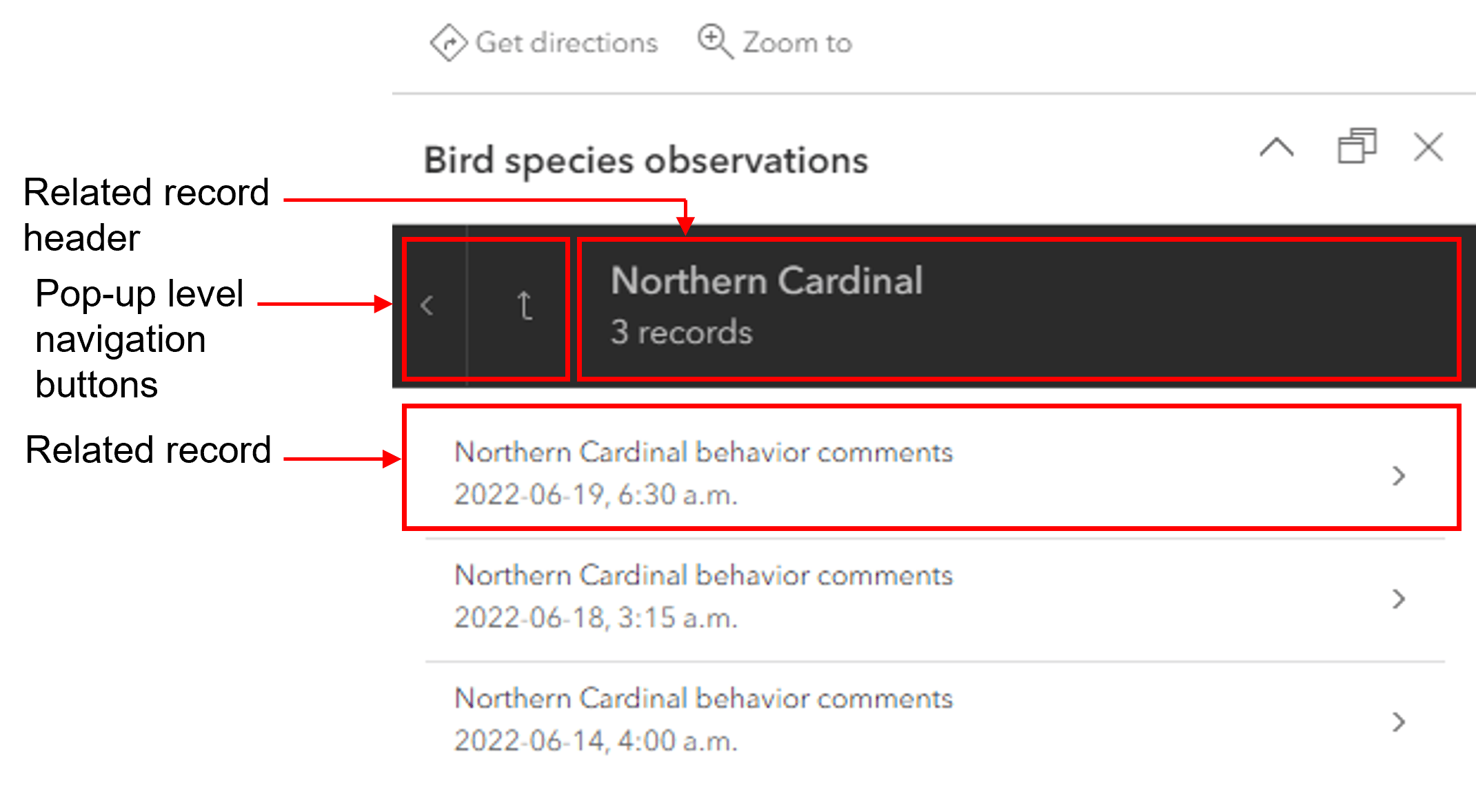All related records for a single bird observation feature. All related records for a single bird observation feature.