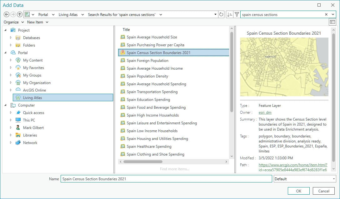 The Add Data pane showing Spain census sections text search.