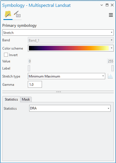 Symbology pane showing Inferno color scheme, Min-Max stretch type, and DRA settings.