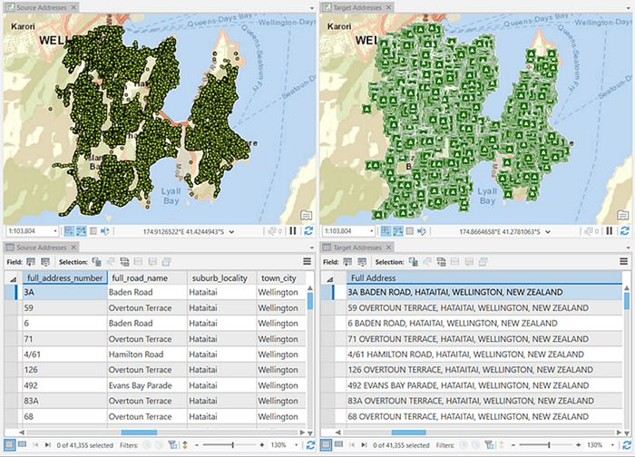 Side-by-side maps and their data tables, with the left showing addresses in multiple fields and the right showing them in a single field.