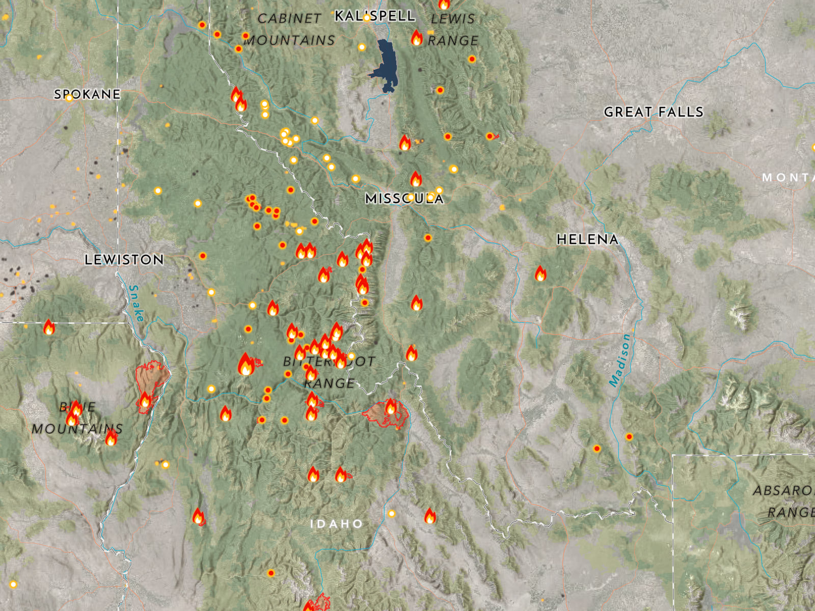 The basemap balances landforms and labels to set a context for wildfire symbols.