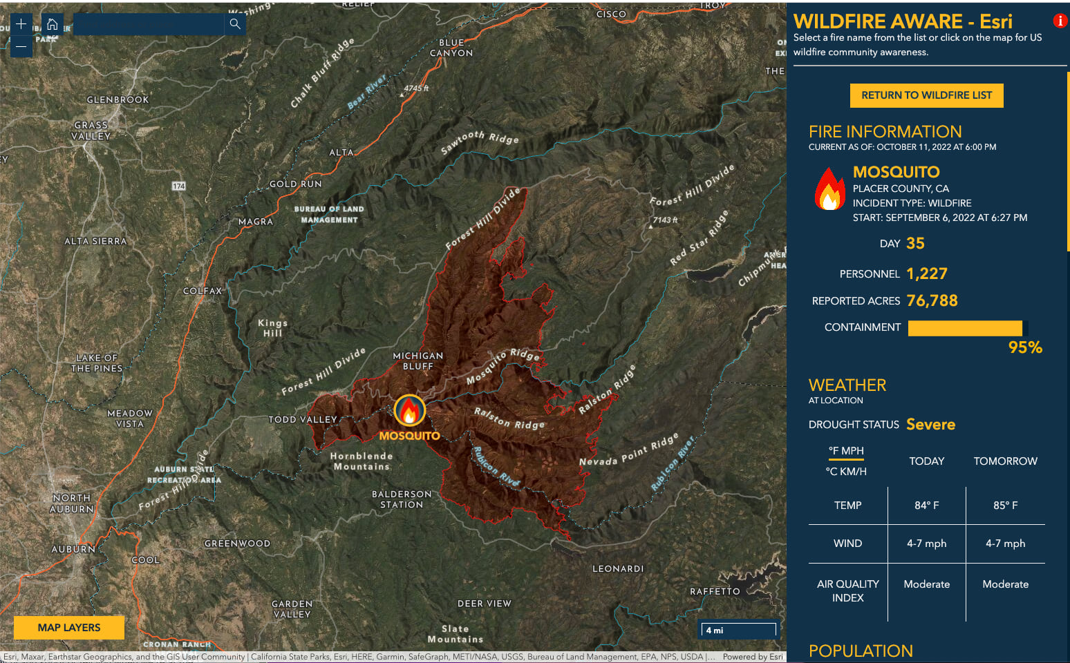 2022 Mosquito Fire as seen in the Wildfire Aware app October 12, 2022