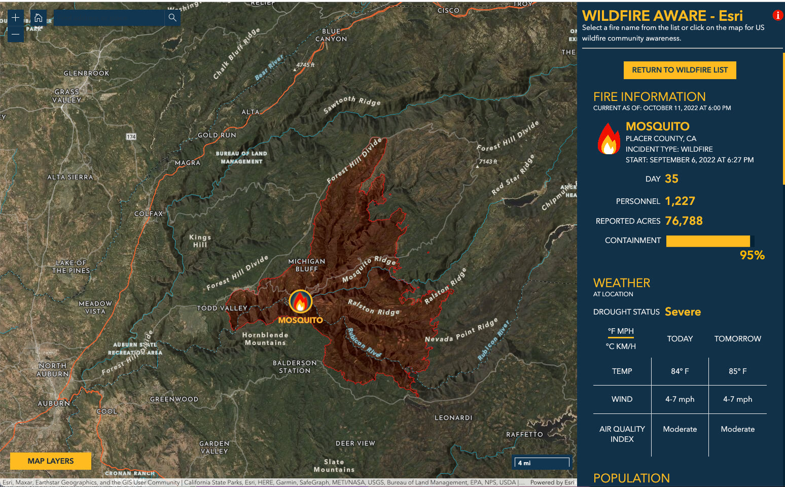 2022 Mosquito Fire as seen in the Wildfire Aware app October 12, 2022 2022 Mosquito Fire as seen in the Wildfire Aware app October 12, 2022