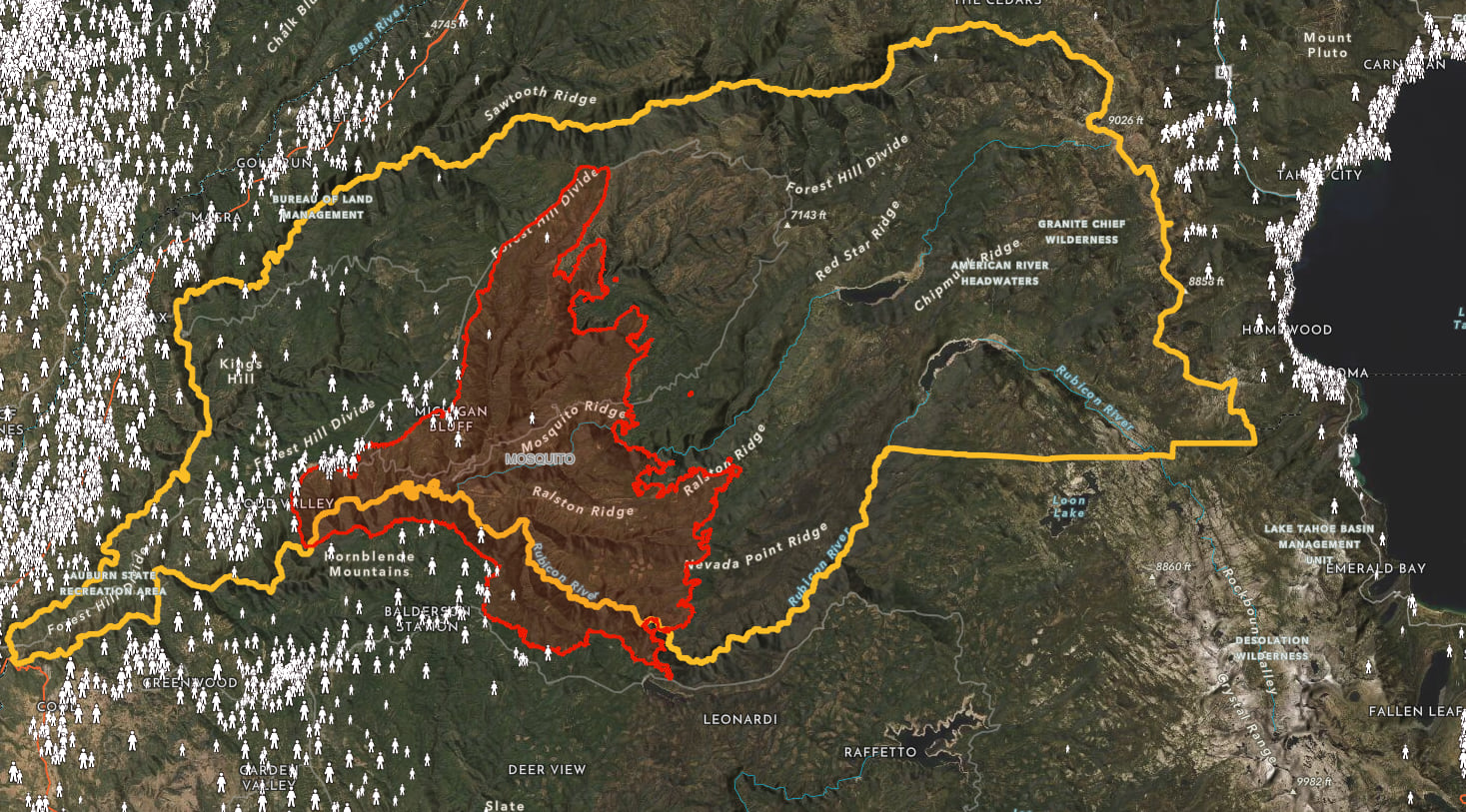 A size comparison of a census tract (in yellow) with the Mosquito Fire (in red). A size comparison of a census tract (in yellow) with the Mosquito Fire (in red).