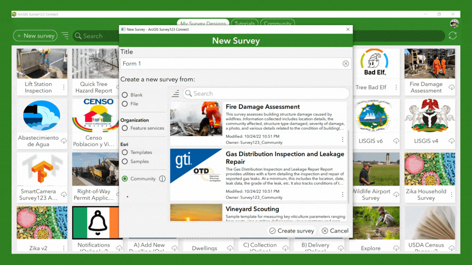 Survey123 Connect create a new survey from community templates. Survey123 Connect create a new survey from community templates.