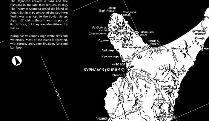 Black and white map of Iturup