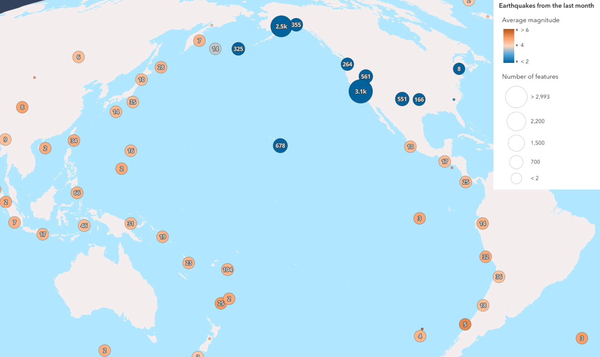 Earthquakes colored by average magnitude along the Ring of Fire.