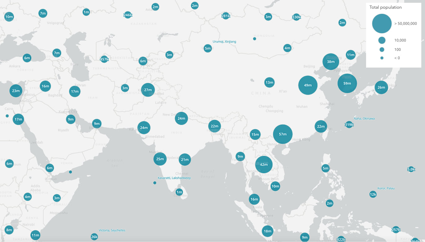 Population of world cities as clusters.