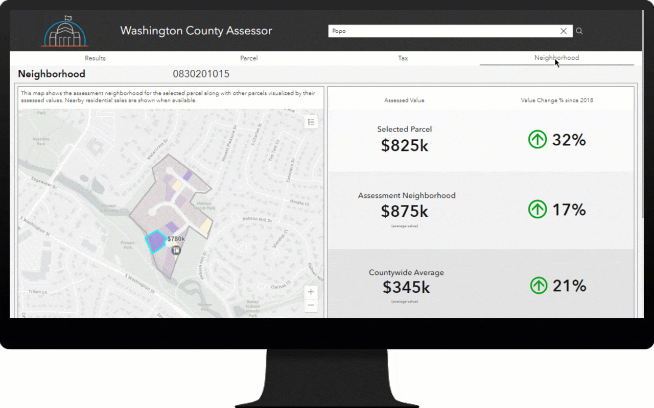 App being used to explore neighborhood value information for a selected parcel. App being used to explore neighborhood value information for a selected parcel.