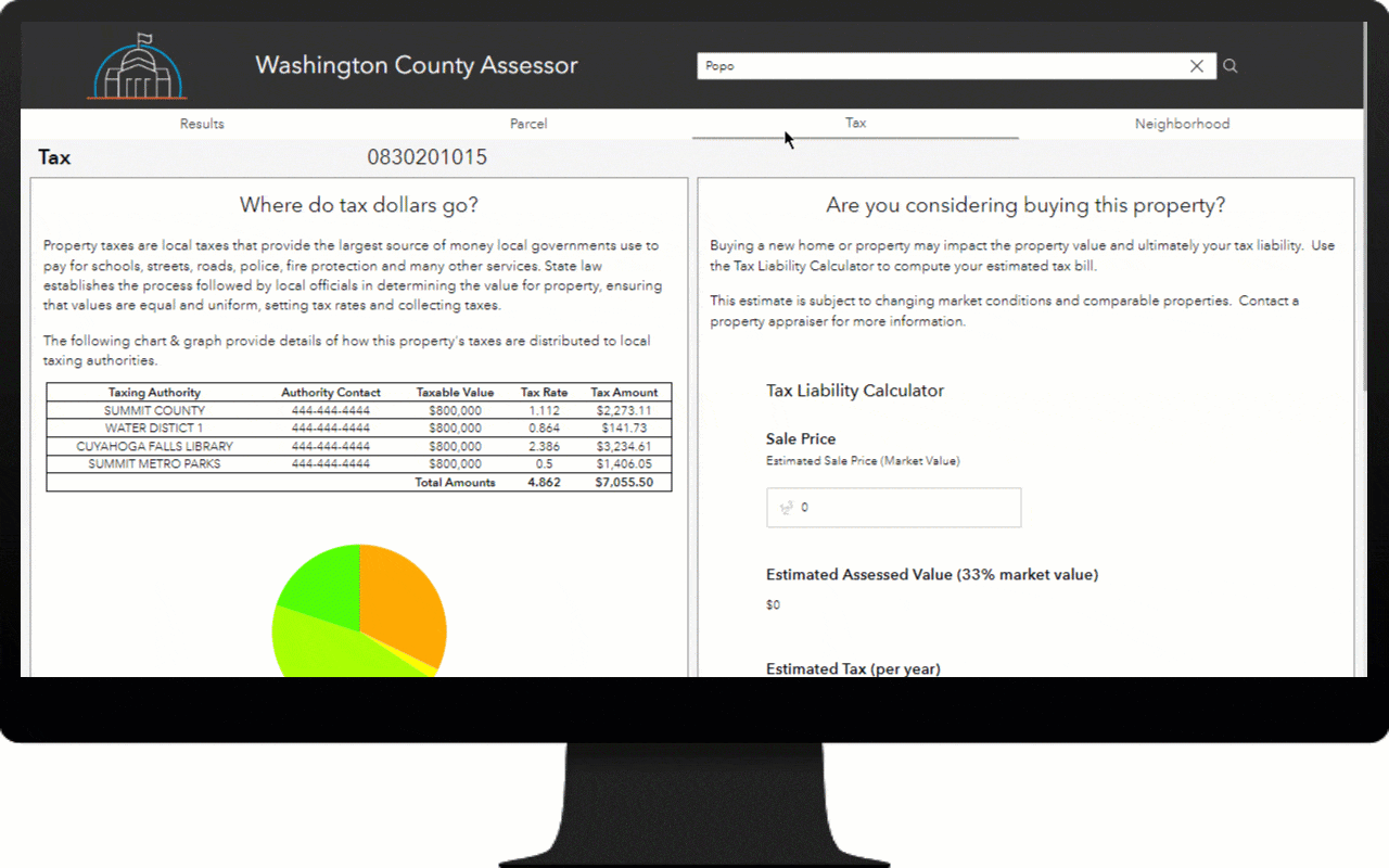 App being used to explore tax information for a selected parcel. App being used to explore tax information for a selected parcel.