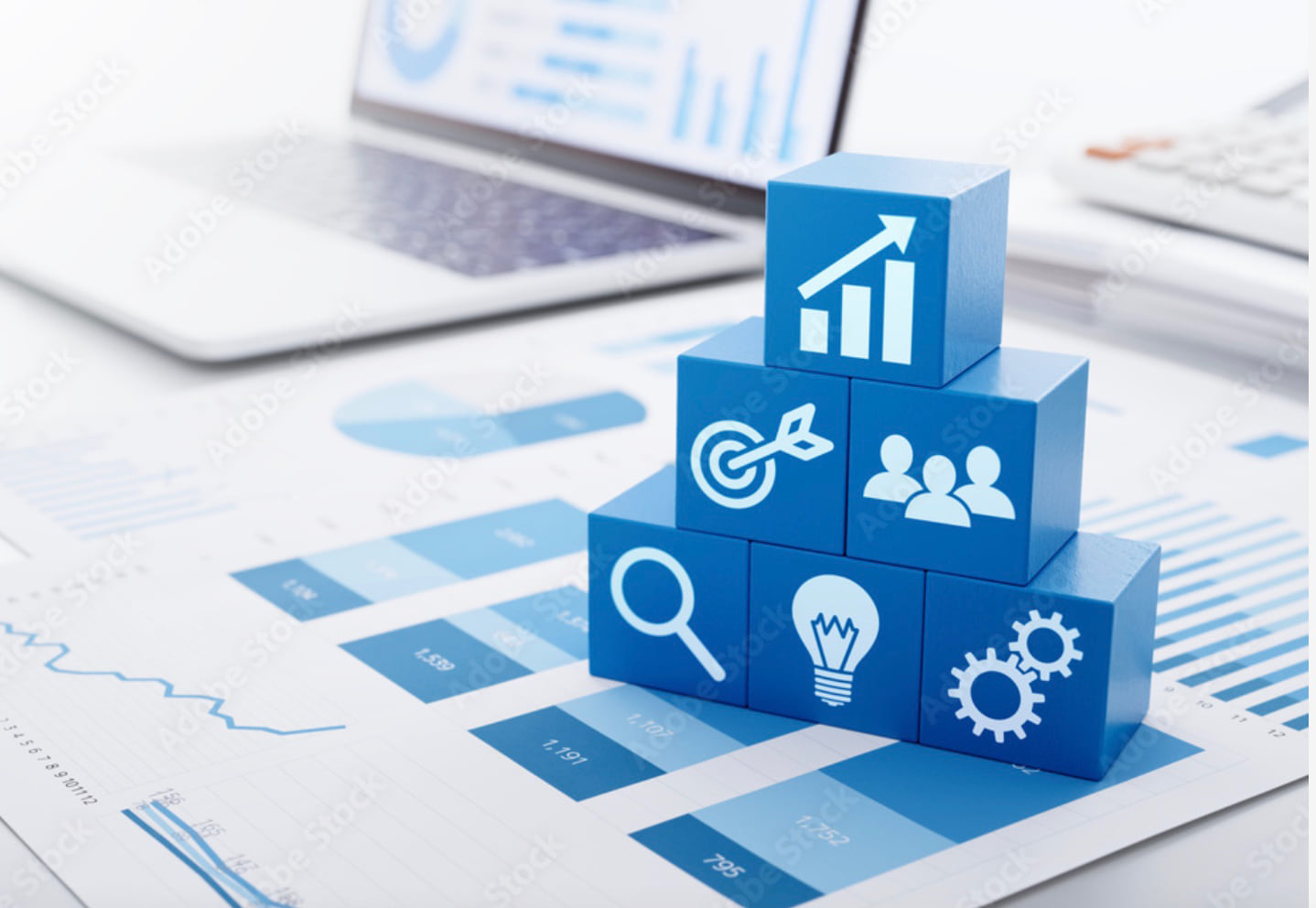 Blue blocks with icons on top documents Blue blocks with icons on top documents