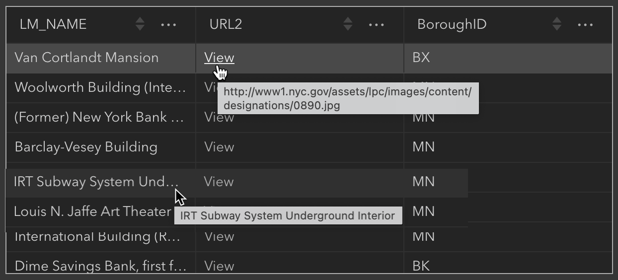 Show live URLs and tool tips in Table