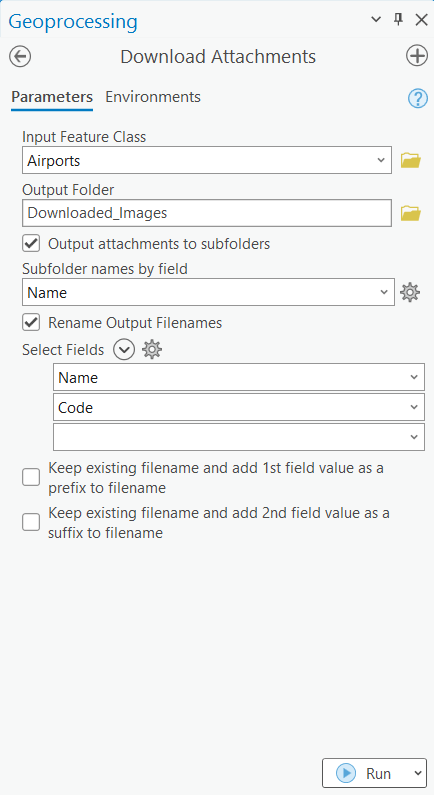 Final Tool with selected values for required fields and optional subfolder and rename fields.