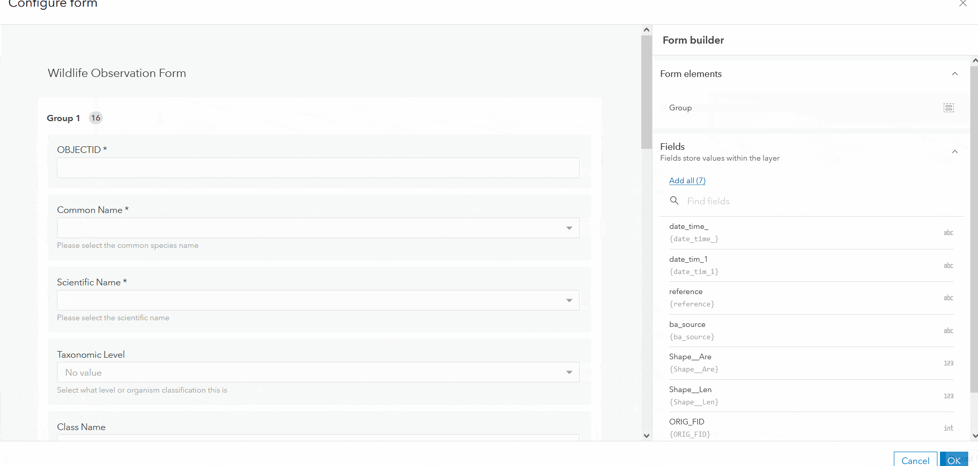 Dragging the Group element from the properties panel to into the form