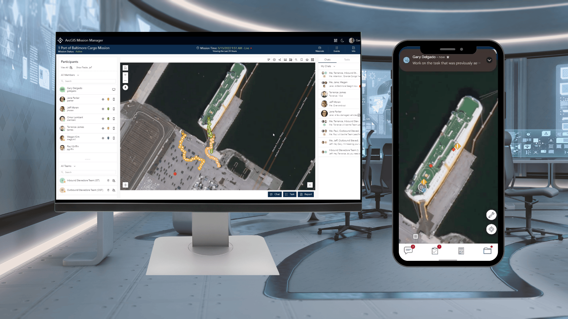 Computer and cell phone showing maps of a cargo port.