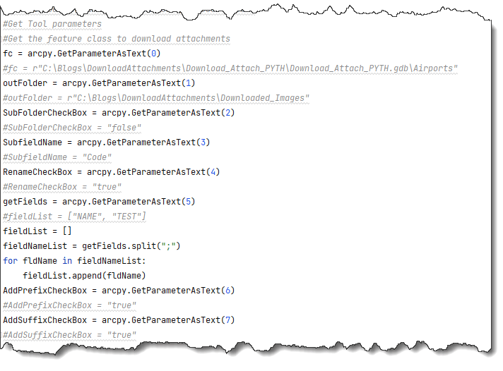 Sample code snippet showing GetParameterAsText functions with their index number to gather user input.