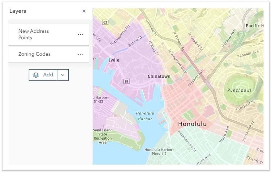 Layers added to Map Viewer appear in the Panel on the Left.