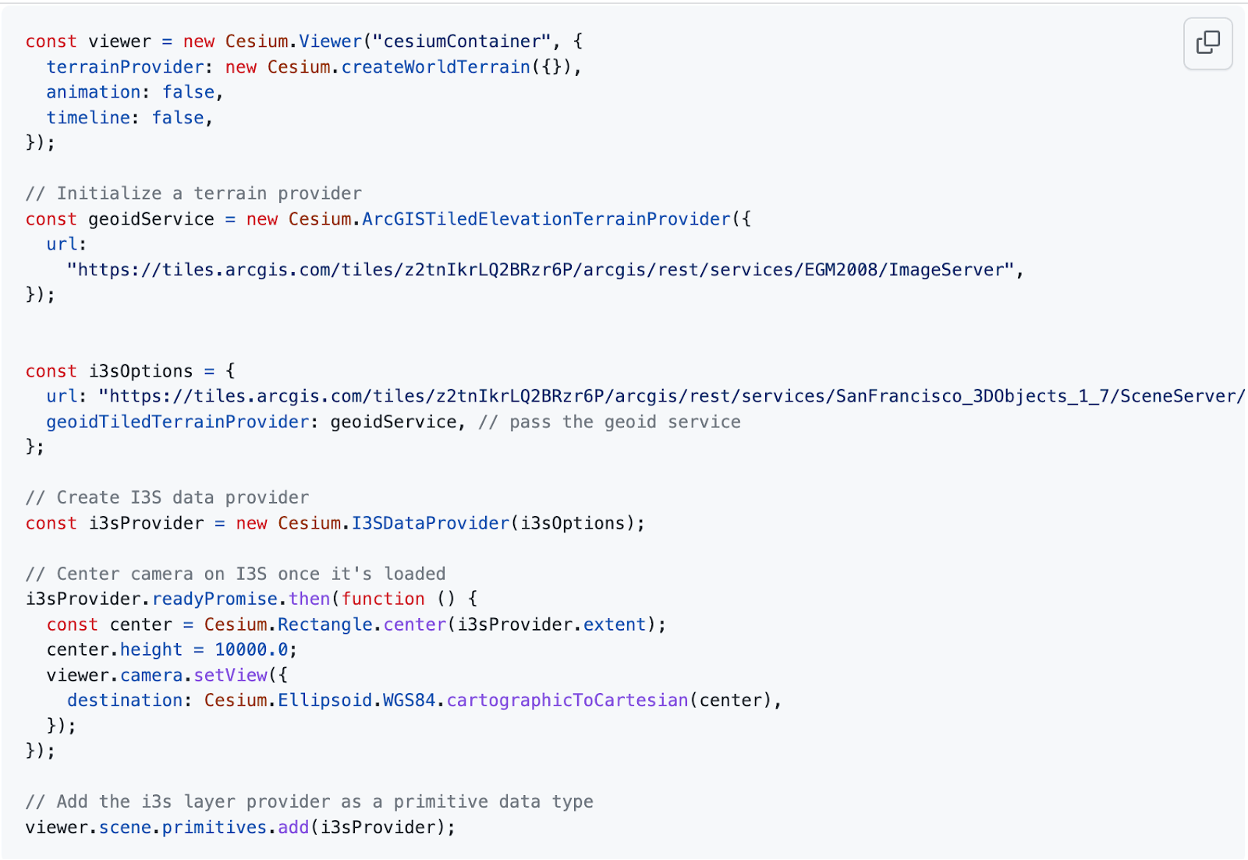 A simplified working example for loading an I3S 3D Object Scene Layer in a Cesium Sandcastle application.