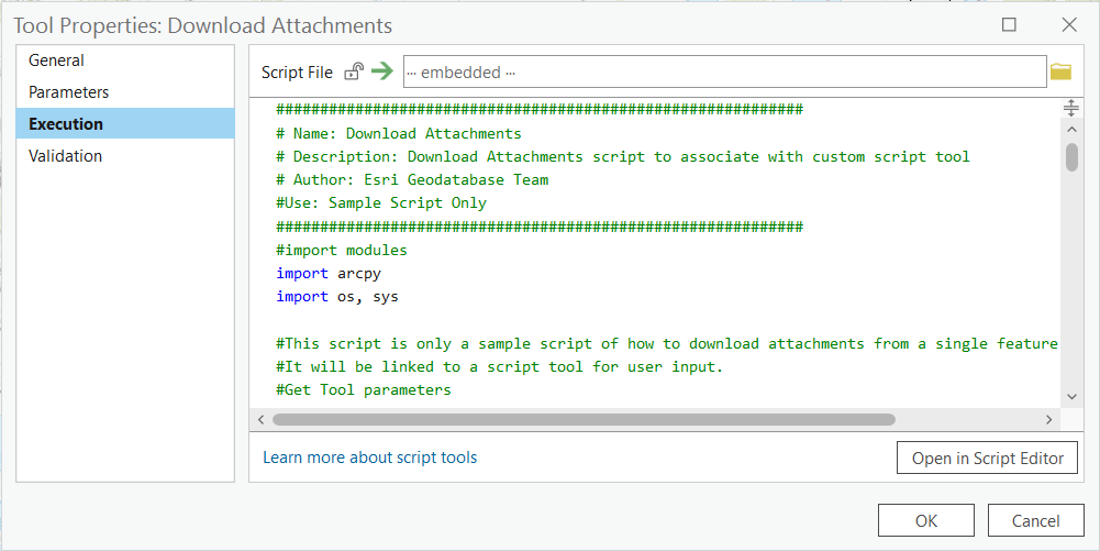 Tool Properties: Execution Tab showing embedded script in script tool.